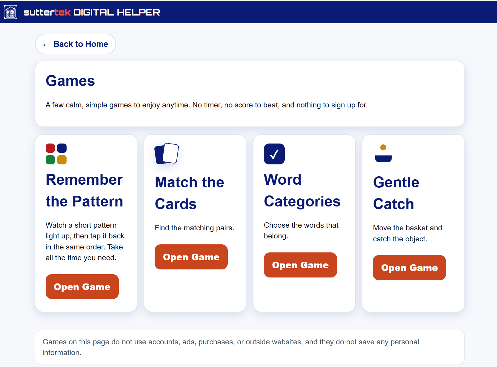 Games hub with four simple games to choose from